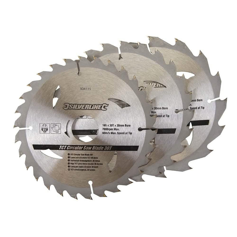 Silverline 165 X 30 - 20, 16, 10mm Rings Tct Circular Saw Blades 16, 24, 30t 3pk 934115 Sil